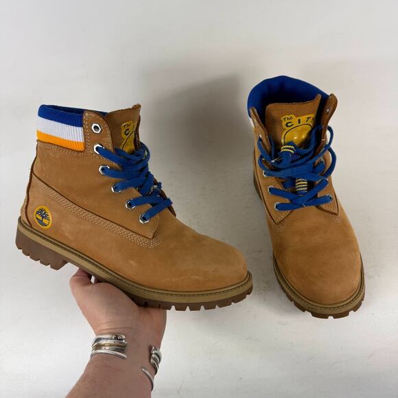 Timberland Mitchell & Ness NBA Golden State Warriors Boots 7 Kids Brown Leather - Picture 1 of 11